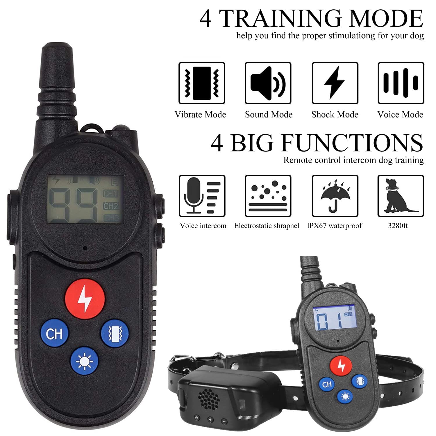 dog training collars with walkie talkie Remote Control Distance Up to 3280Ft for 2 dogs